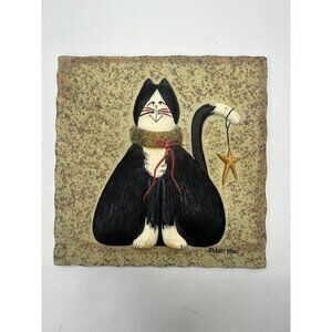 Christmas Kitty Cat Resin Tile Trivet Wall Hanging Fiddle Stix 5 1/2” x 5 1/2”